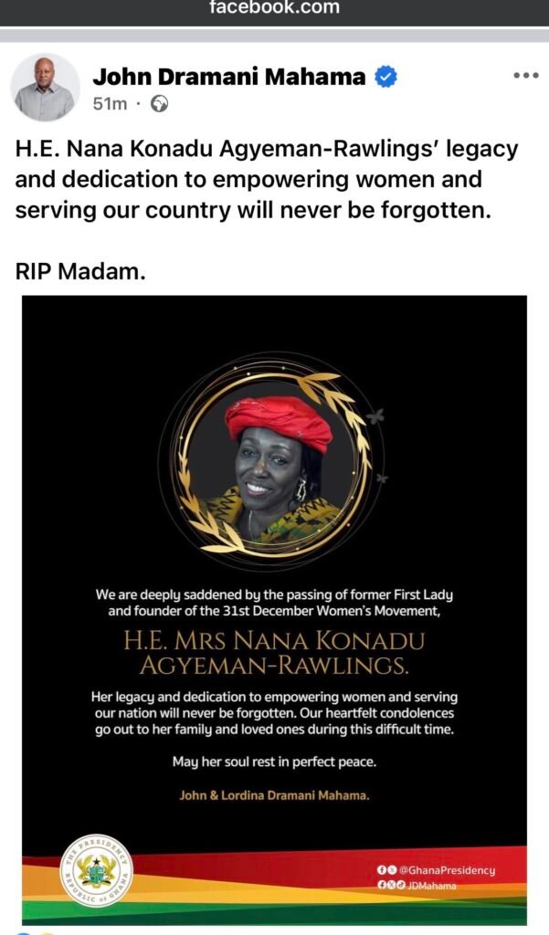 Ghana mourns former First Lady Nana Konadu Agyeman-Rawlings