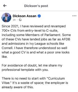 Career coach Dickson Assan shares professional template for a good CV Career coach Dickson Assan shares professional template for a good CV