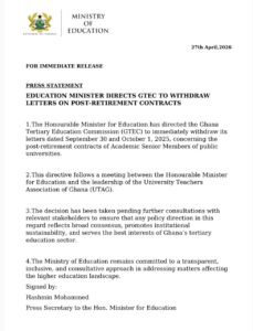 Education Minister Orders Withdrawal of GTEC Letters on Post-Retirement Contracts