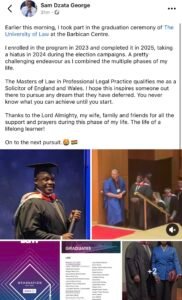 Sam Nartey George Earns Law Degree, Becomes England & Wales Solicitor