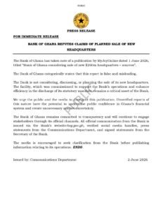 Bank of Ghana Dismisses Reports of Planned Sale of New Headquarters Bank of Ghana Dismisses Reports of Planned Sale of New Headquarters