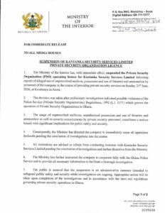 Interior Ministry Suspends Kantanka Security Services’ Operating Licence